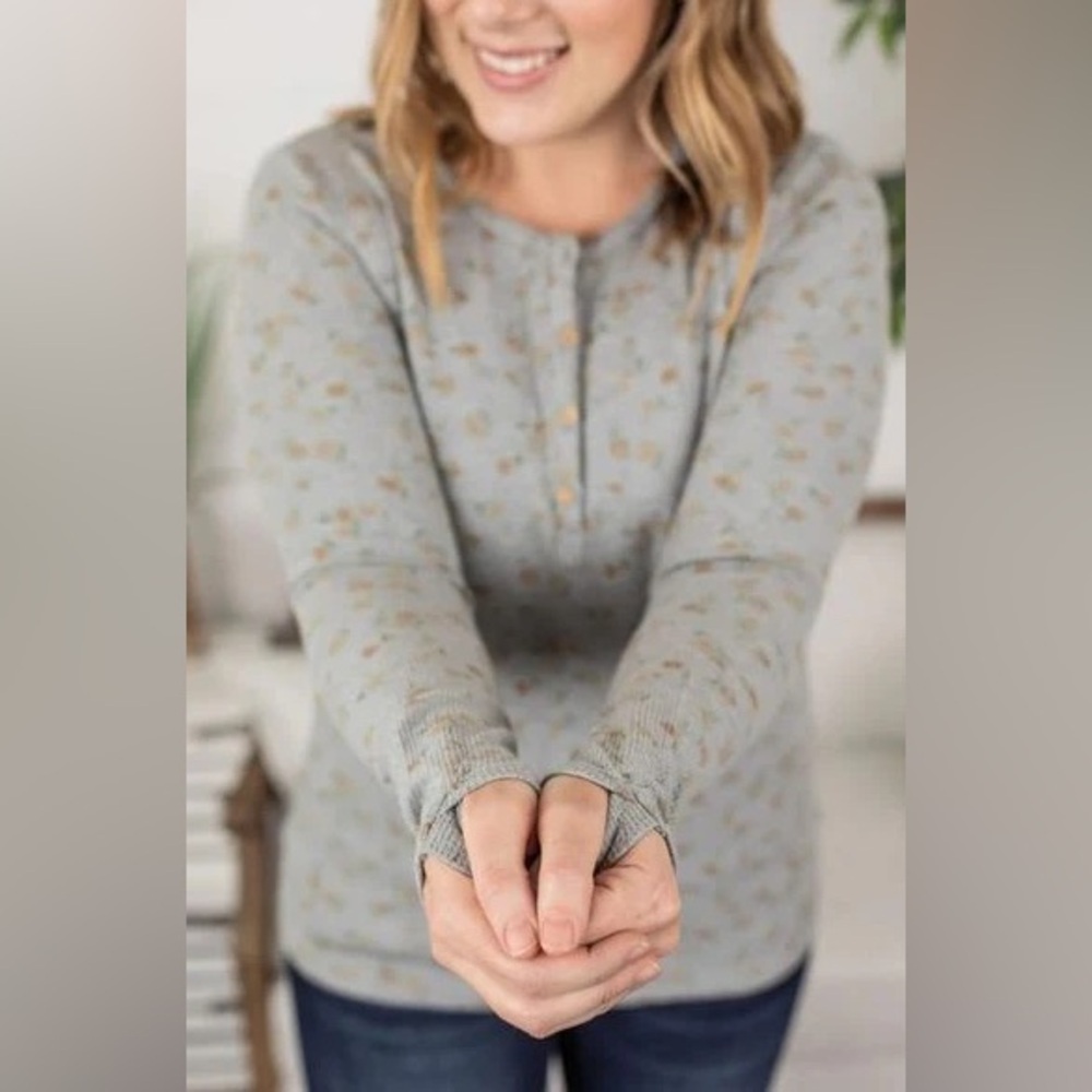 Michelle Mae Harper Henley Top- Grey W/ Yellow Floral